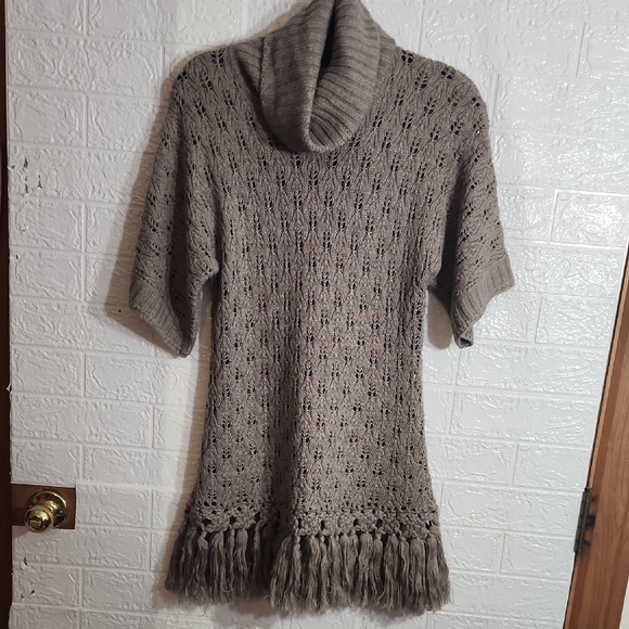 Kenar Sweaters - Kenar Taupe Cowl Neck Sweater with Fringe